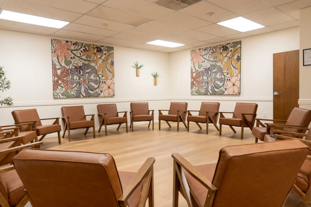Group therapy room with a circle of chairs at Nirvana Recovery Center in Bridgewater, NJ