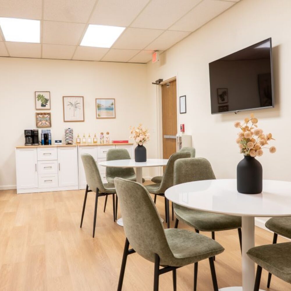 Tables and chairs in a shared space